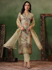 Digital Floral Printed Cotton Blend Kurta With Pants & Dupatta