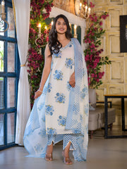 Floral Printed Cotton Blend Kurta With Pants & Dupatta
