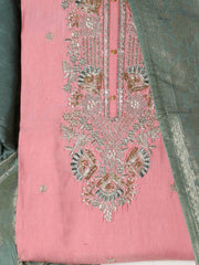 Embroidered Chanderi Pink Unstitched Suit With Pant & Dupatta