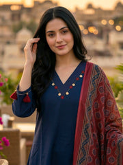 Embroidered Cotton Blend Kurta With Pant & Dupatta