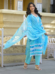 Printed Cotton Blend Kurta With Pants & Dupatta