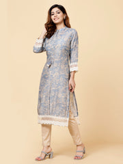 Floral Printed Mandarin Neck Muslin Kurta