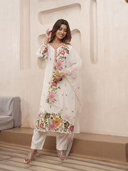 Embroidered Cotton Blend Kurta With Pants & Dupatta