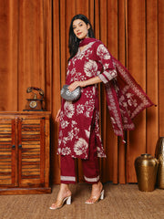Printed Cotton Blend Kurta With Pants & Dupatta