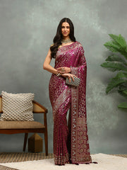 Stone Work Satin Embroidery Saree