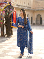 Printed Cotton Blend Kurta With Pant & Dupatta