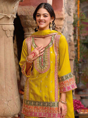 Embroidered Chinnon Silk Kurti With Gharara & Dupatta
