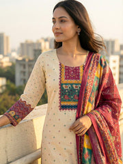 Printed Cotton Blend Kurta With Pant & Dupatta