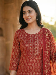 Printed Cotton Blend Kurta With Pant & Dupatta