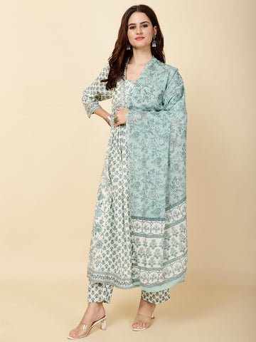 Block Print Cotton Suit Set With Dupatta