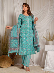 Printed Cotton Blend Kurta With Pants & Dupatta