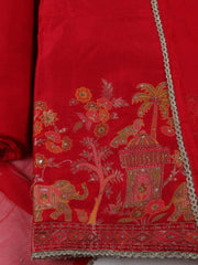 Woven Design Chanderi Red Unstitched Suit With Pant & Dupatta