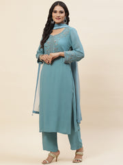 Neck Embroidered Georgette Kurta With Palazzo & Dupatta