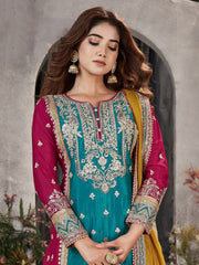 Embroidered Chinon Kurta With Plazzo & Dupatta