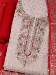 Embroidered Chanderi Cream-Red Unstitched Suit With Pant & Dupatta