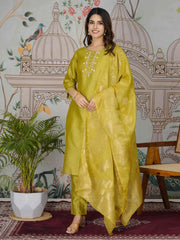 Embroidered Tissue Kurta With Pants & Dupatta
