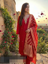 Embroidered Cotton Blend Kurta With Pant & Dupatta