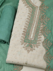 Embroidered Chanderi Cream-Green Unstitched Suit With Pant & Dupatta