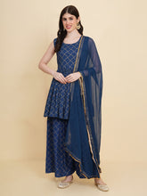 Printed Cotton Blend Blue Suit With Pant & Dupatta