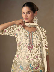 Embroidered Chinon Kurti With Skirt & Dupatta