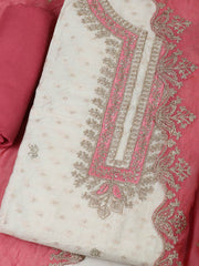 Embroidered Chanderi Cream-Pink Unstitched Suit With Pant & Dupatta