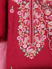 Embroidered Chanderi Rani Unstitched Suit With Pant & Dupatta