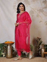 Embroidered Cotton Blend Kurta With Pants & Dupatta