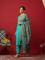 Printed Muslin Lake Blue Kurta With Pant & Dupatta