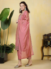 Neck Zari Embroidered Chanderi Kurta With Pants & Dupatta