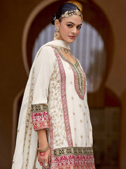 Embroidered Chinon Kurti With Plazzo & Dupatta