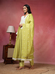 Mirror Work Cotton Blend Kurta With Pant And Dupatta