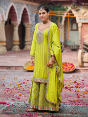 Embroidered Chinon Kurta With Plazzo & Dupatta
