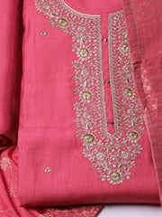 Embroidered Chanderi Pink Unstitched Suit With Pant & Dupatta