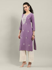 Neck Embroidered Cotton Blend Kurta With Pants