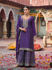 Embroidered Chinon Kurta With Plazzo & Dupatta