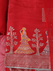 Woven Design Chanderi Rust Unstitched Suit With Pant & Dupatta