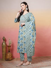 Printed Cotton Kurta With Pant & Dupatta