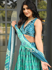 Bandhani Print Satin Unstitched Lehenga Choli With Dupatta