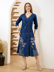 Neck Embroidered Denim Dress