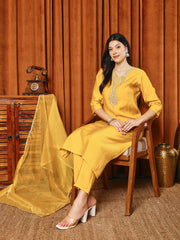 Resham Work Cotton Blend Kurta With Pants & Dupatta