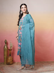 Embroidered Cotton Kurta With Pant & Dupatta