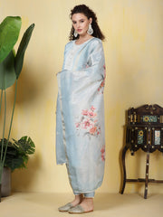 Neck Embroidered Cotton Blend Kurta With Pants & Dupatta