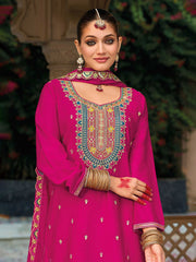 Embroidered Chinon Kurti With Plazzo & Dupatta