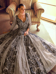 Embroidered Georgette A Line Dress With Dupatta