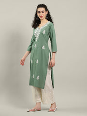 Neck Embroidered Cotton Blend Kurta With Pants