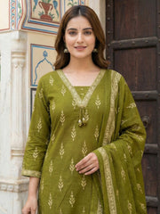 Printed Cotton Blend Kurta With Pant & Dupatta