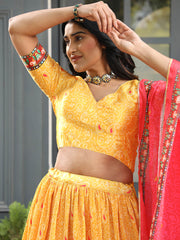 Bandhani Print Satin Unstitched Lehenga Choli With Dupatta