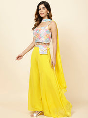 Neck Embroidered Georgette Crop Top With Palazzo & Dupatta