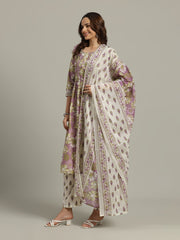 Floral Printed Cotton Blend Anarkali Kurta With Pants & Dupatta