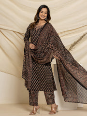 Printed Cotton Blend Kurta With Pants & Dupatta
